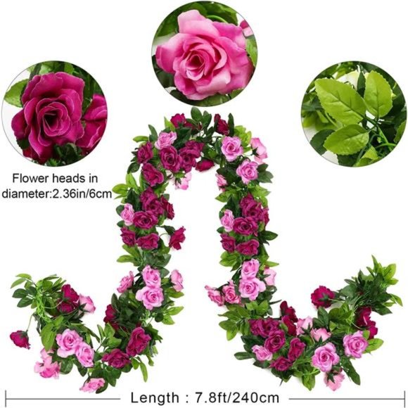 2PCS Artificial RoseVines Flowers Garland Hanging Silk Rose Vine Wedding,Fuchsia - Picture 2 of 6